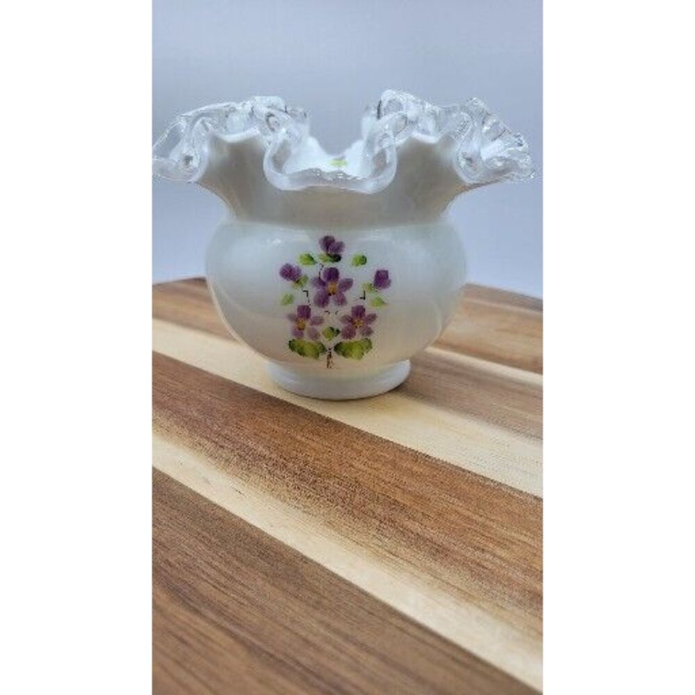 Fenton Hand Painted Signed‎ Ruffled Edge Milk Glass Vase Violet Flowers